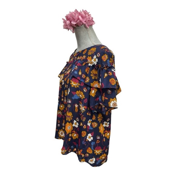 Eyeshadow XL Navy Blue Floral Ruffle Sleeve Blouse - Picture 5 of 13